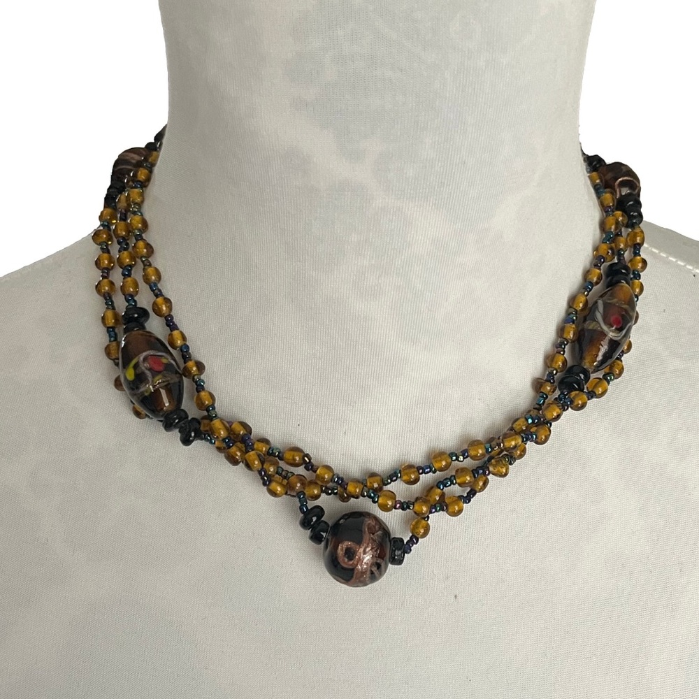 Multi-Strand Glass Bead Necklace – Brown, Amber & Black